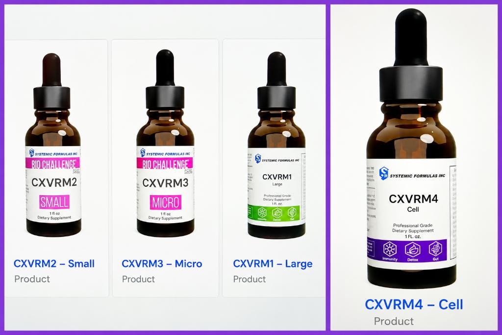 Liquid Parasite Protocol — CXVRM supplement bottles